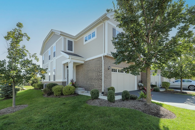 view of property exterior with a yard and a garage