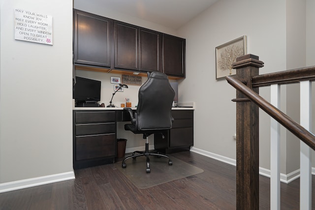 office space featuring built in desk and dark hardwood / wood-style floors