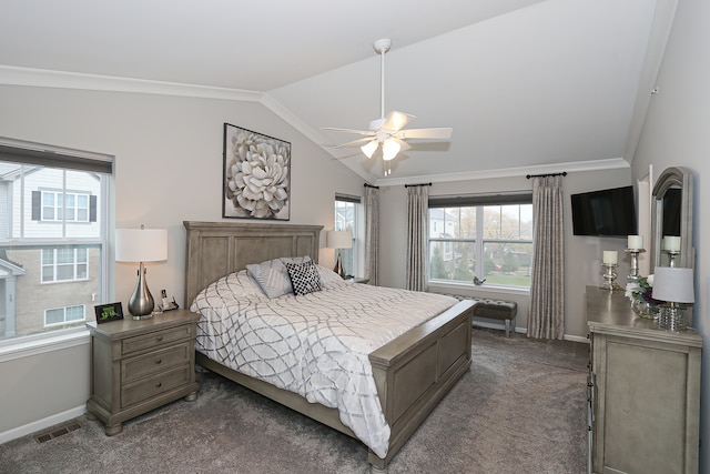 carpeted bedroom featuring ceiling fan, lofted ceiling, and crown molding