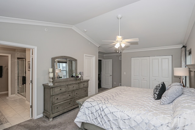 bedroom with light carpet, crown molding, vaulted ceiling, ceiling fan, and a closet