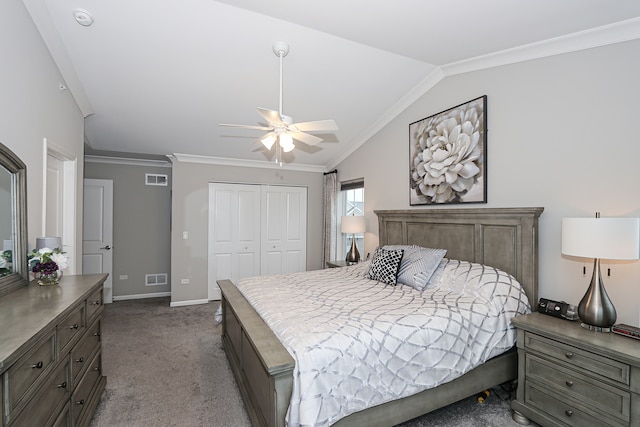 carpeted bedroom with ceiling fan, a closet, crown molding, and vaulted ceiling