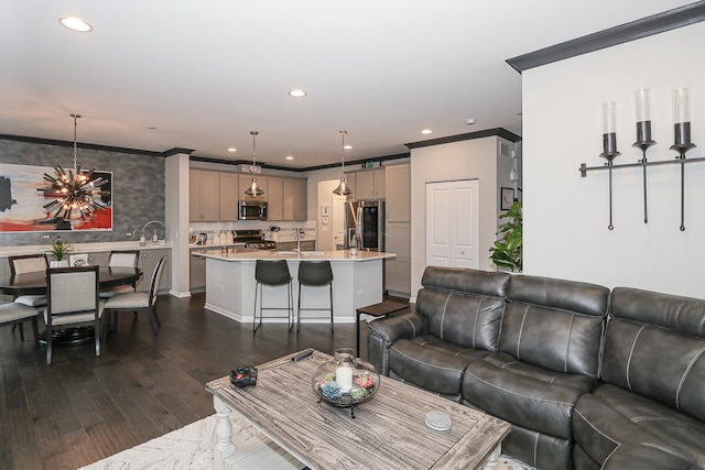 living room featuring sink, dark hardwood / wood-style flooring, and crown molding