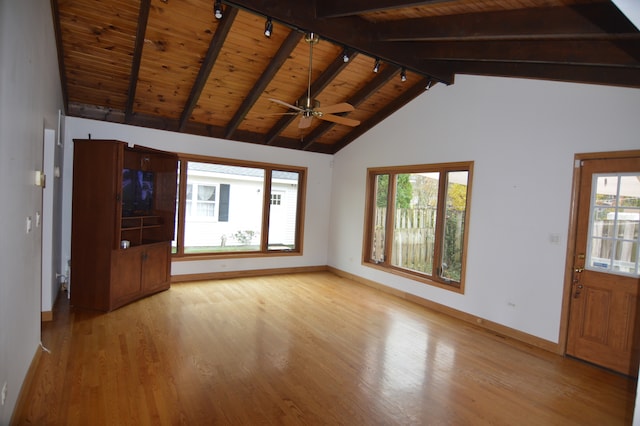 unfurnished living room featuring light hardwood / wood-style floors, beam ceiling, ceiling fan, and wood ceiling