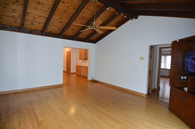 unfurnished living room with high vaulted ceiling, light hardwood / wood-style floors, beamed ceiling, wooden ceiling, and ceiling fan