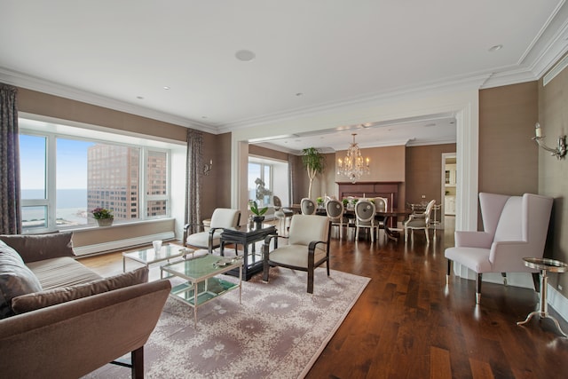 living room featuring dark wood-type flooring, a water view, an inviting chandelier, and crown molding