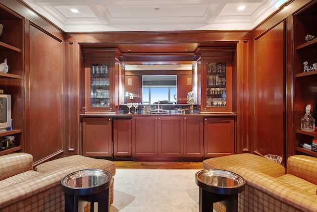 bar with wooden walls, beamed ceiling, and coffered ceiling