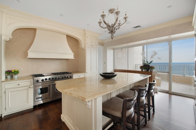 kitchen featuring a water view, double oven range, light stone countertops, custom exhaust hood, and a center island