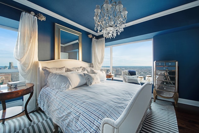 bedroom with ornamental molding and wood-type flooring