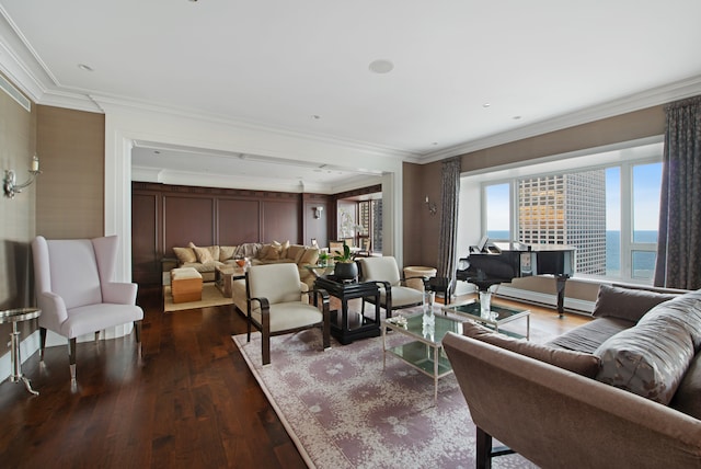 living room with wood-type flooring, a water view, and crown molding