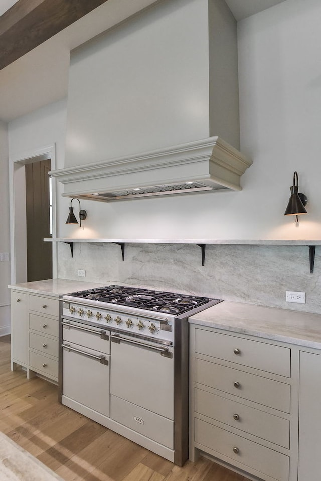 kitchen featuring backsplash, light hardwood / wood-style flooring, and high end stainless steel range