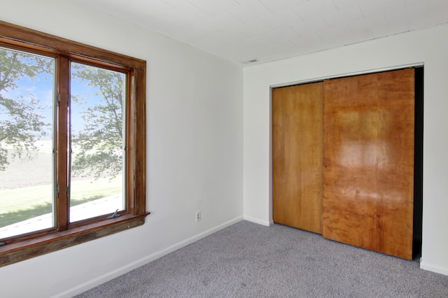 unfurnished bedroom with a closet, multiple windows, and light carpet