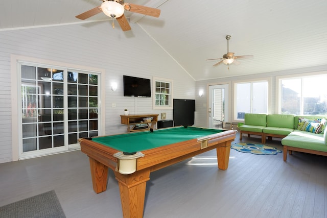 game room featuring hardwood / wood-style floors, wood walls, billiards, high vaulted ceiling, and ceiling fan