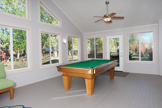 playroom with high vaulted ceiling, a wealth of natural light, hardwood / wood-style floors, and ceiling fan