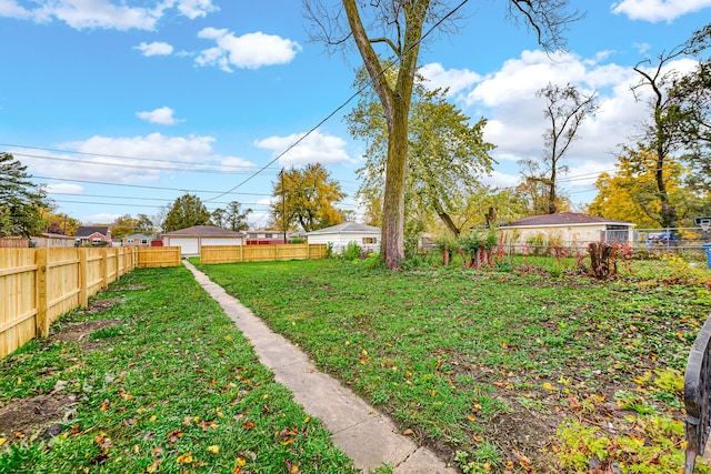 view of yard with a fenced backyard and a garage