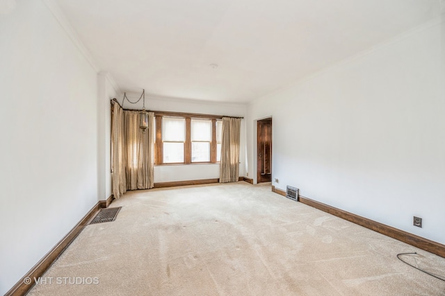 empty room featuring carpet flooring and crown molding