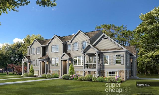 235 Regency Ct Unit B, Wauconda, IL 60084 - view of front of home with stone siding, a front lawn, and a shingled roof