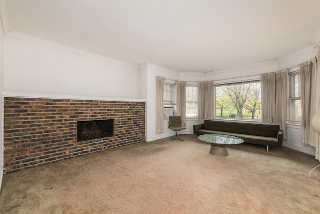 living room featuring a fireplace, ornamental molding, and carpet floors