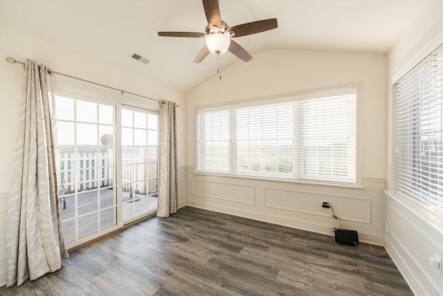 unfurnished sunroom featuring ceiling fan and lofted ceiling