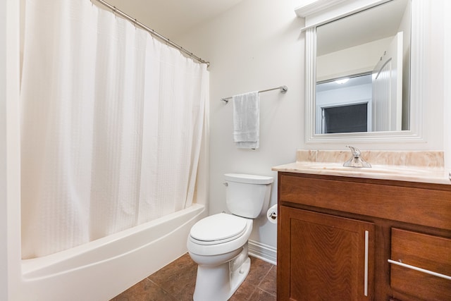 full bathroom featuring shower / bath combination with curtain, vanity, tile patterned floors, and toilet