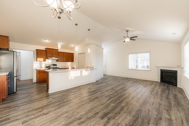 kitchen featuring hanging light fixtures, stainless steel appliances, lofted ceiling, and dark hardwood / wood-style floors