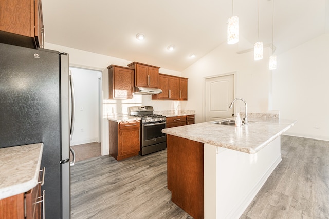 kitchen with appliances with stainless steel finishes, pendant lighting, sink, lofted ceiling, and light hardwood / wood-style flooring