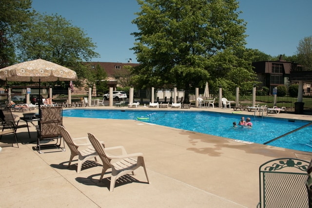 view of swimming pool with a patio