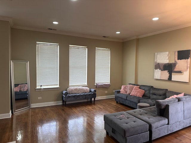 living room featuring hardwood / wood-style floors and ornamental molding