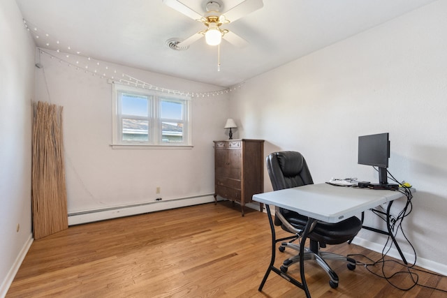 office with a baseboard radiator, light hardwood / wood-style floors, and ceiling fan