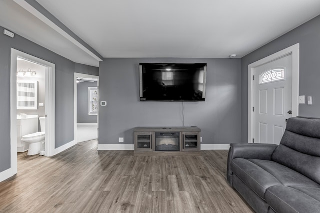 living room featuring ceiling fan and hardwood / wood-style floors