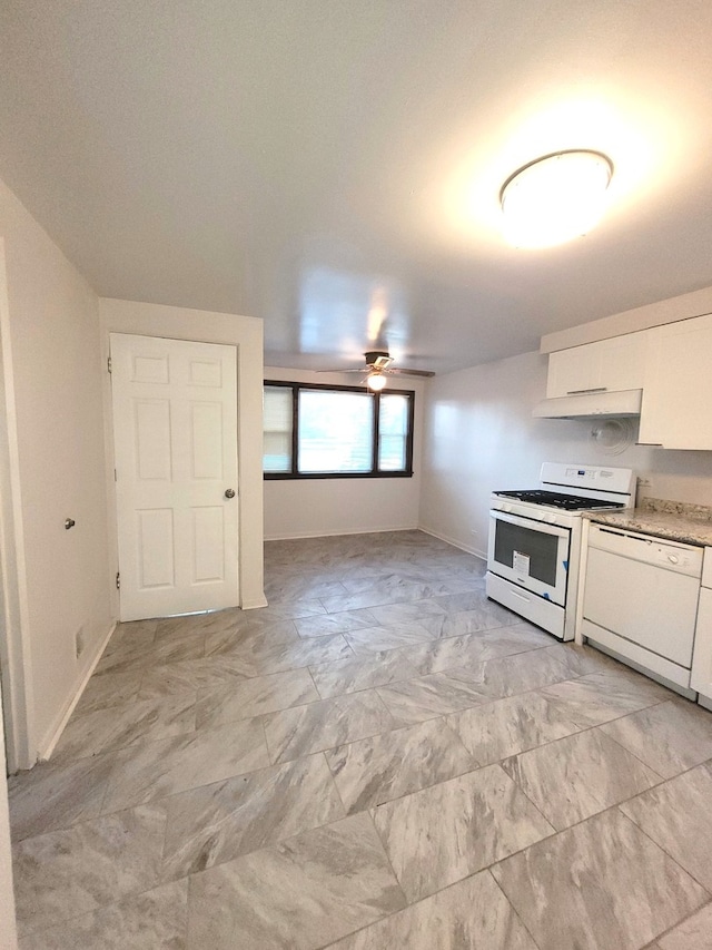 kitchen with white cabinets, ceiling fan, and white appliances