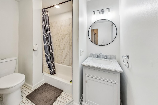 bathroom with a shower with shower curtain, tile patterned flooring, toilet, and vanity