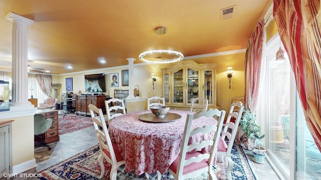704 Lorraine Cir, Highland Park, IL 60035 - dining area with ornate columns, ornamental molding, and recessed lighting