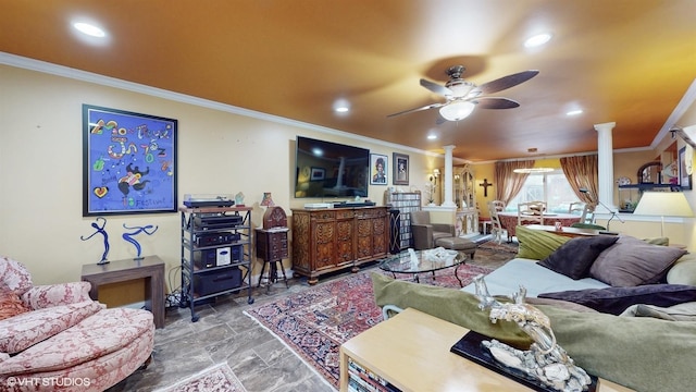 704 Lorraine Cir, Highland Park, IL 60035 - living room with decorative columns, ornamental molding, ceiling fan, and recessed lighting