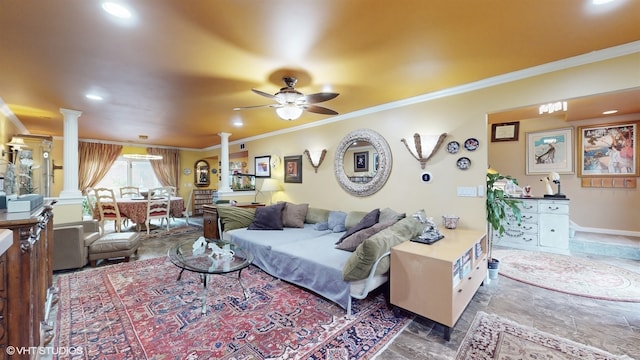 living room with ornamental molding, ornate columns, and ceiling fan