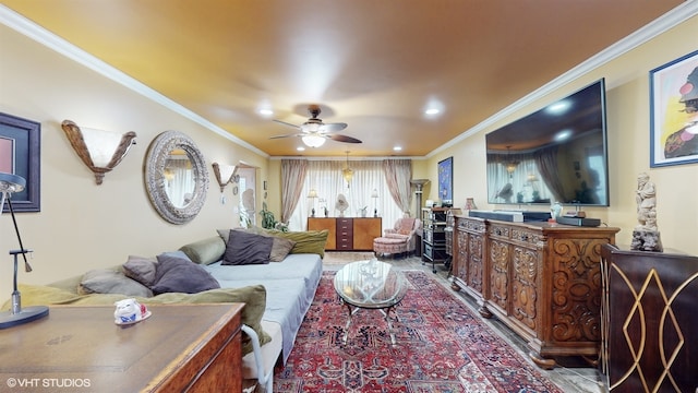 living room featuring ornamental molding and ceiling fan