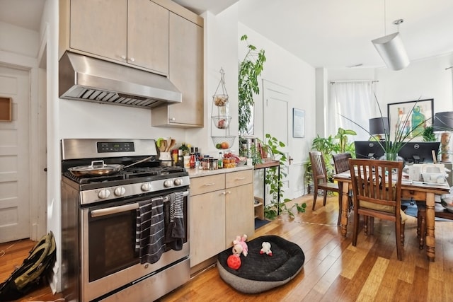 kitchen with stainless steel gas range oven and light hardwood / wood-style flooring