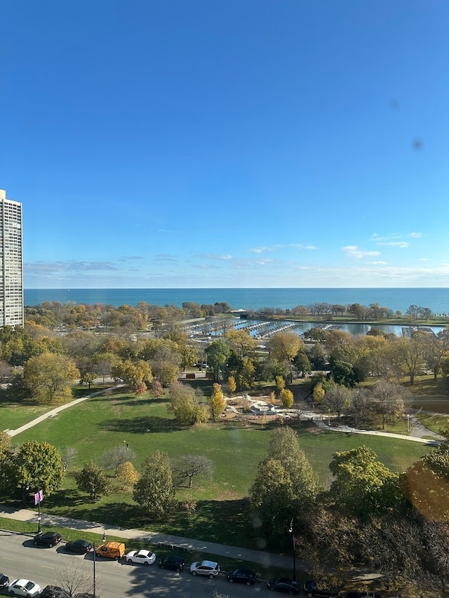 drone / aerial view with a water view