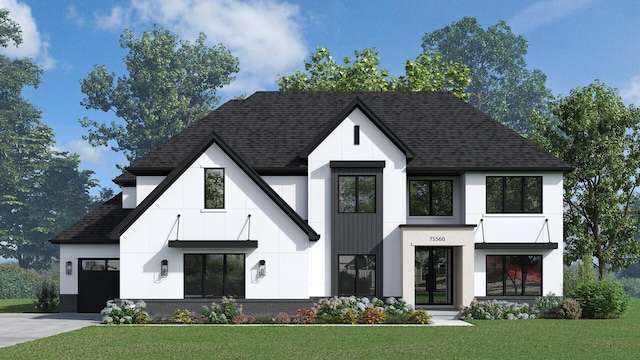 5S504 Radcliff Rd, Naperville, IL 60563 - modern farmhouse featuring a shingled roof, a front yard, a garage, driveway, and french doors