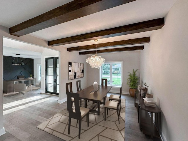 5S504 Radcliff Rd, Naperville, IL 60563 - dining space featuring french doors, baseboards, beamed ceiling, light wood-type flooring, and a chandelier