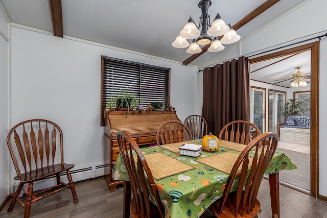 dining room featuring lofted ceiling with beams, hardwood / wood-style floors, and ceiling fan with notable chandelier