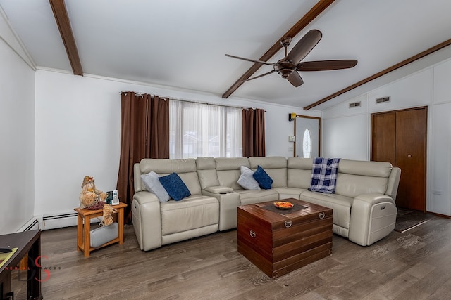 living room featuring ornamental molding, lofted ceiling with beams, wood-type flooring, and ceiling fan