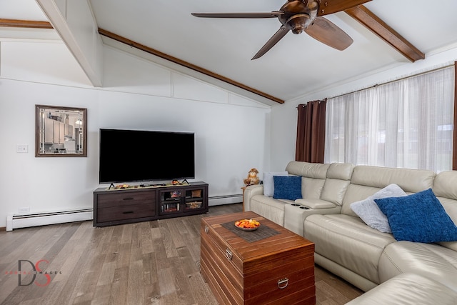 living room featuring a baseboard radiator, wood-type flooring, and vaulted ceiling with beams