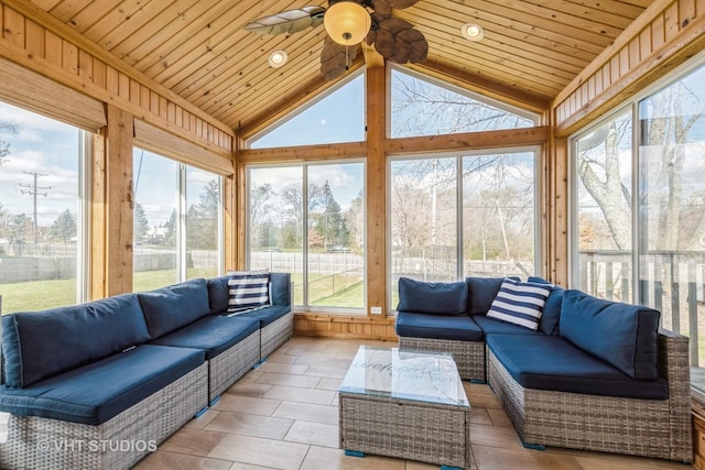 980 Brush Hill Ln, Lake Zurich, IL 60047 - sunroom / solarium with an outdoor living space, a ceiling fan, lofted ceiling, and wood ceiling