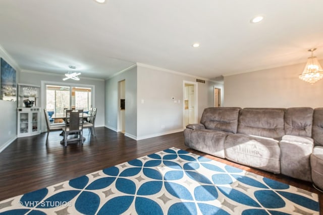 980 Brush Hill Ln, Lake Zurich, IL 60047 - living room with a chandelier, wood finished floors, baseboards, crown molding, and recessed lighting