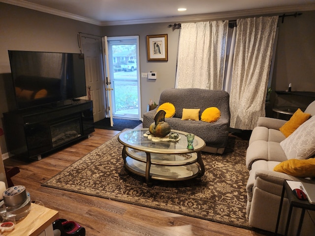 living room featuring wood-type flooring and crown molding