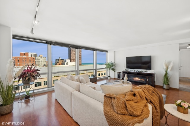 living room with wood-type flooring, rail lighting, and floor to ceiling windows