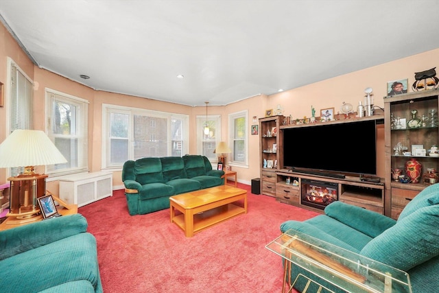 living room featuring radiator heating unit and carpet