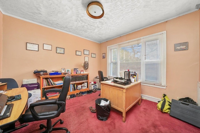 office area featuring carpet floors, a textured ceiling, and ornamental molding