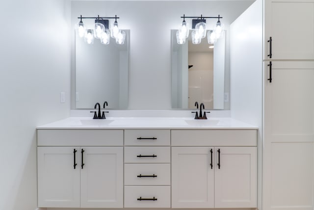 bathroom featuring walk in shower and vanity