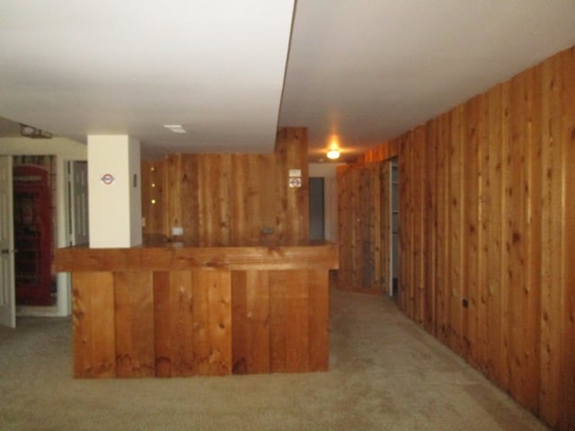 kitchen featuring wooden walls and light colored carpet